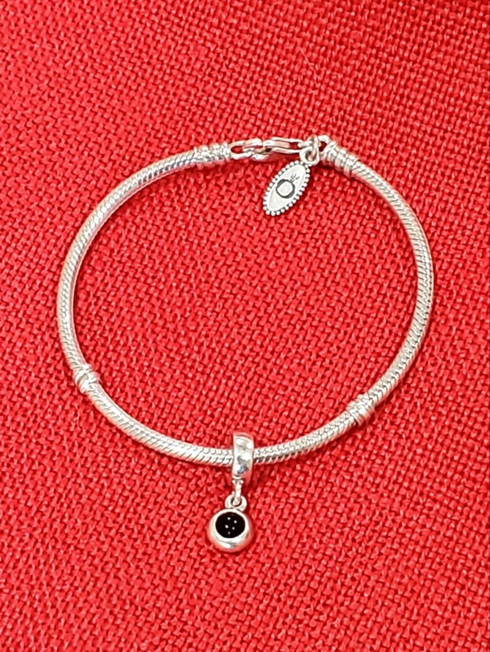 Pandora 925 Silver Snake Bracelet+925 Dangle Bezel Set Black Onyx Charm 7.5"